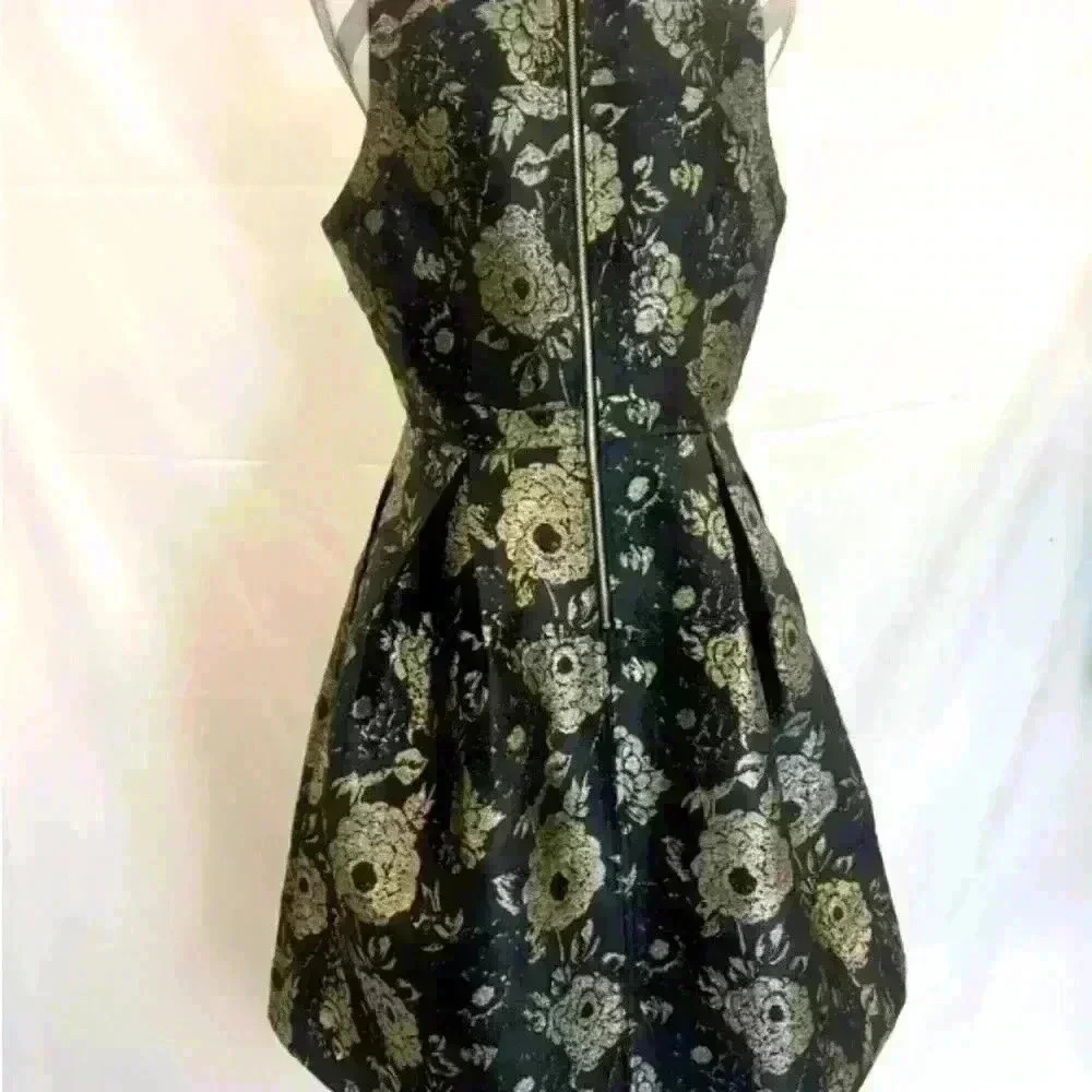 Ann Taylor Factory Black Gold Foil Floral Sleeveless Dress Fit & Flare - Picture 12 of 16